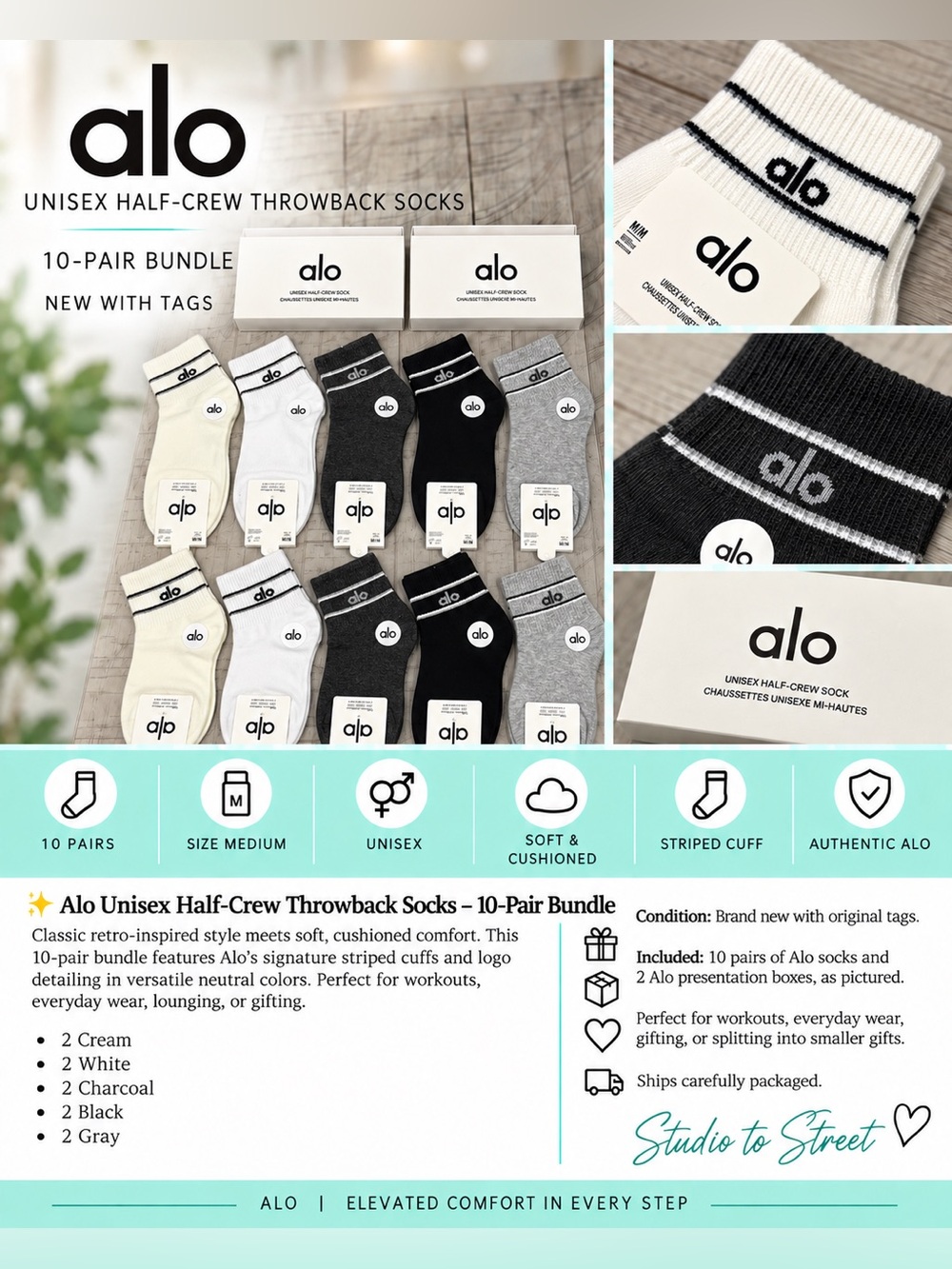 Alo Yoga Half-Crew Throwback Socks 10-Pair Lot (Unisex - size M)